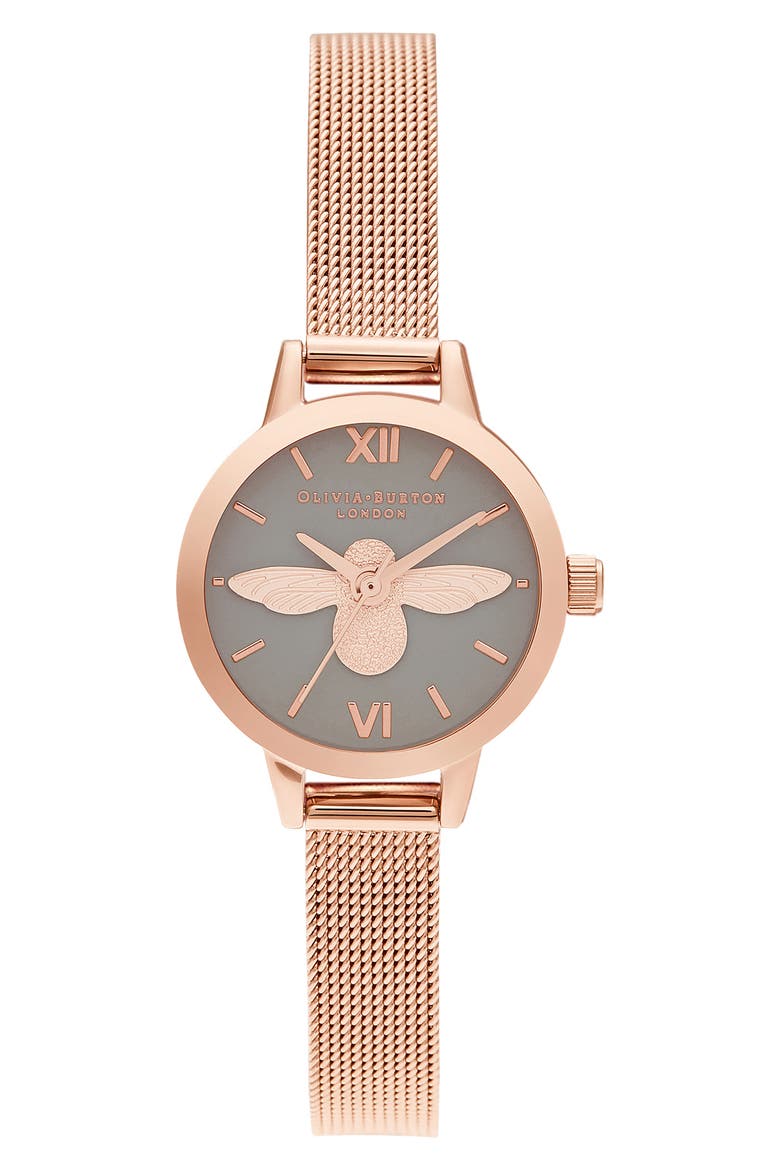 Mini Dials 3D Bee Mesh Strap Watch, 23mm, Main, color, ROSE GOLD/ GREY