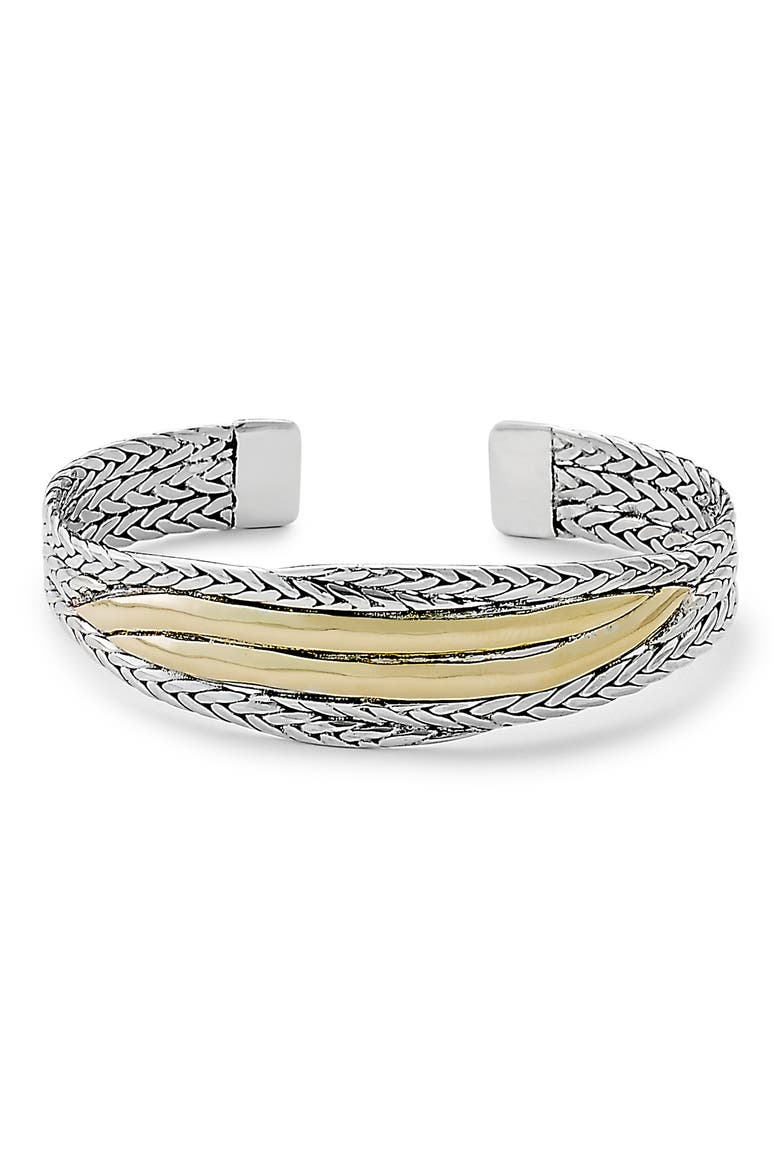 Sterling Silver & 18K Gold Crossover Woven Cuff Bracelet, Main, color, SILVER AND GOLD