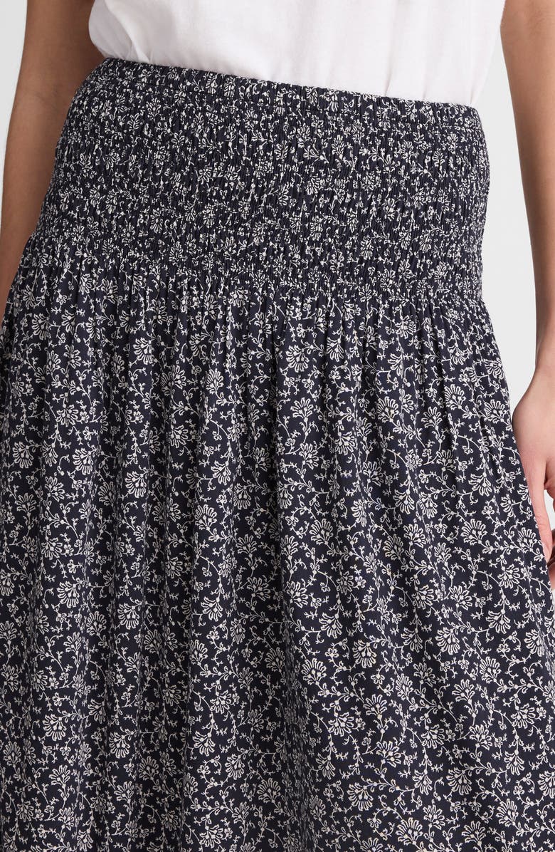 Madewell Floral Smocked Waist Midi Skirt, Alternate, color, Classic Navy