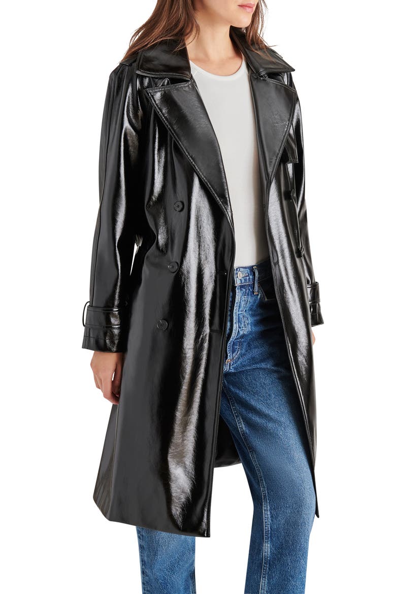 Ilia Faux Leather Trench Coat, Alternate, color, BLACK