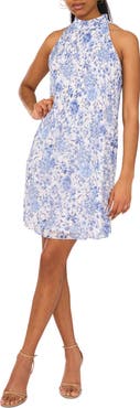 Halogen® Floral Mock Neck Sleeveless Pleated Trapeze Dress