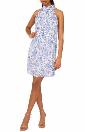 Halogen® Floral Mock Neck Sleeveless Pleated Trapeze Dress