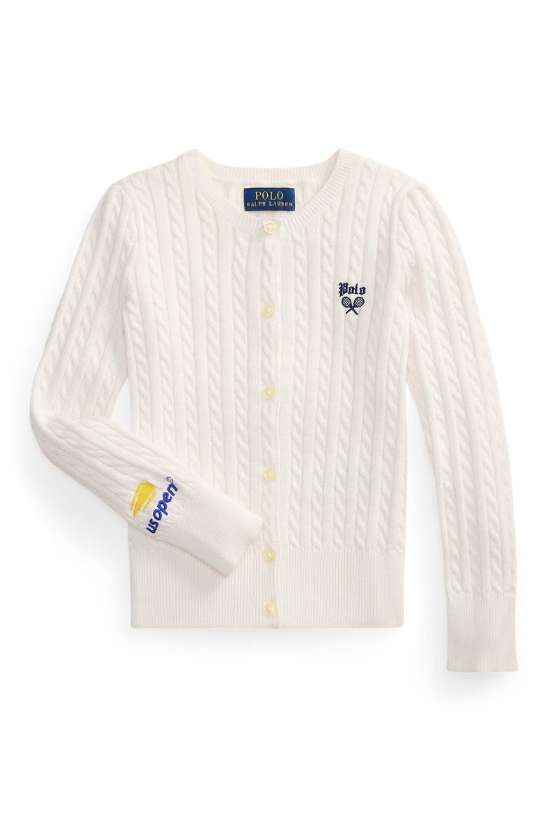 Kids' US Open Embroidered Cable Cotton Cardigan, Main, color, CERAMIC WHITE