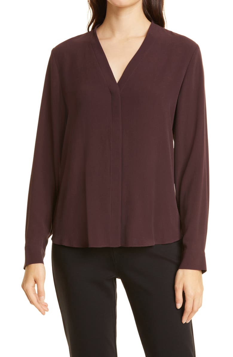 Eileen Fisher V-Neck Silk Crepe Blouse, Main, color, 