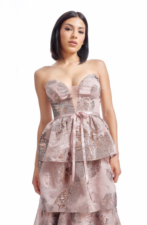 Dress The Population Savannah Metallic Strapless Tiered Gown In Rose Gold Multi