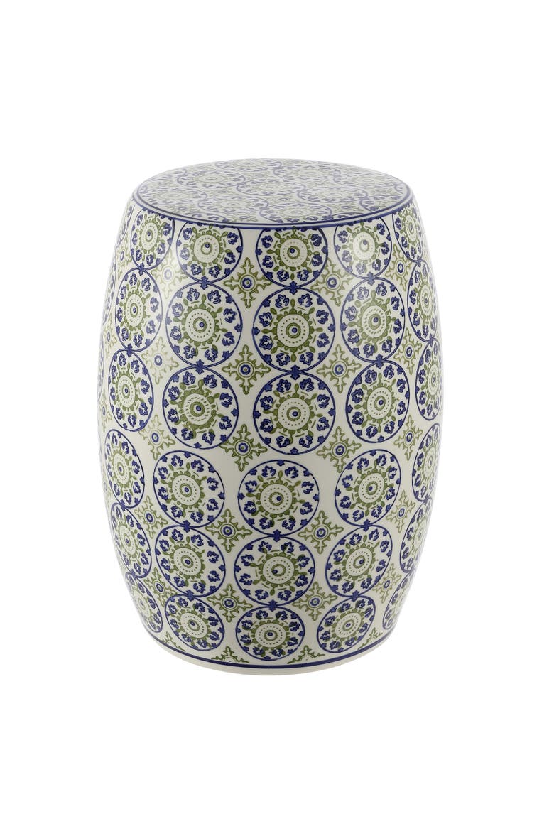 Lula Traditional Floral Chinoiserie Ceramic Drum Garden Stool, Pierced Indoor/Outdoor Patio Seat & Side Table, Main, color, Blue/Green