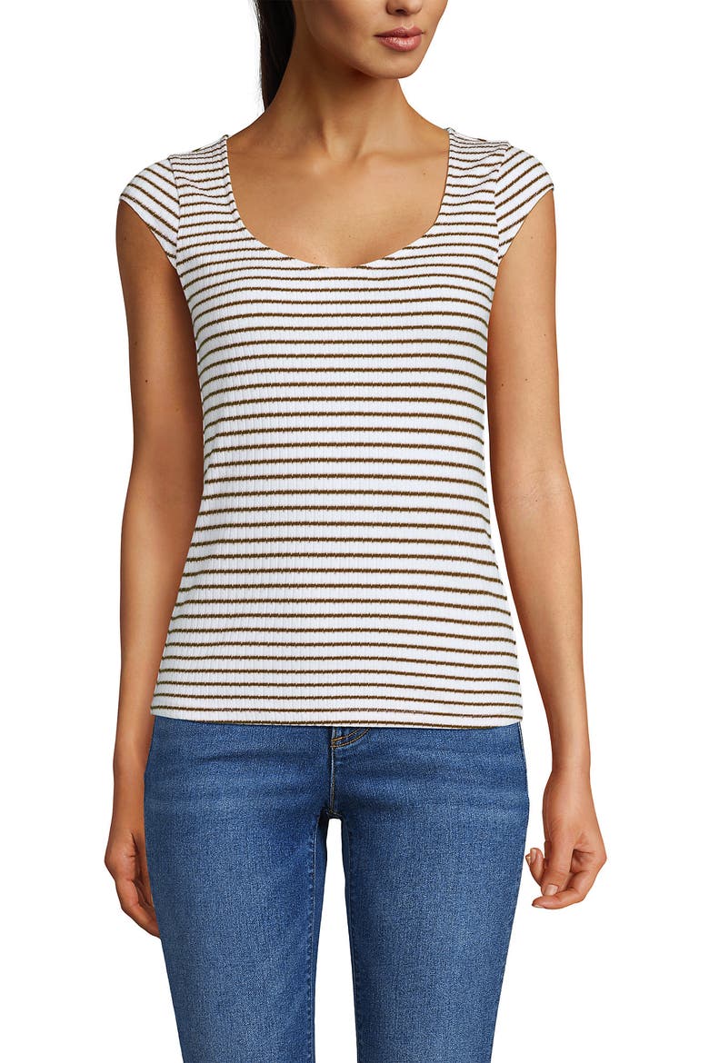 Pointelle Cap Sleeve Top, Alternate, color, White/Coriander Easy Stripe