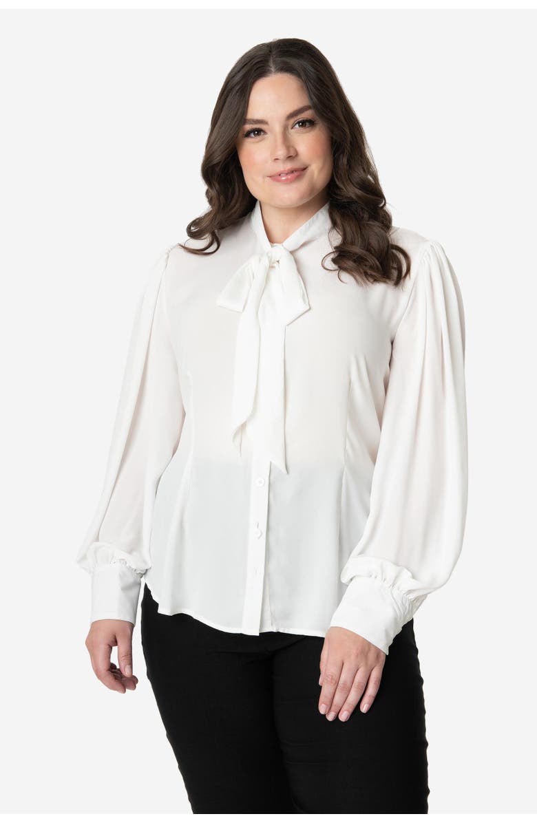 Unique Vintage Plus Size Long Sleeve Neck Tie Gwen Blouse, Main, color, White