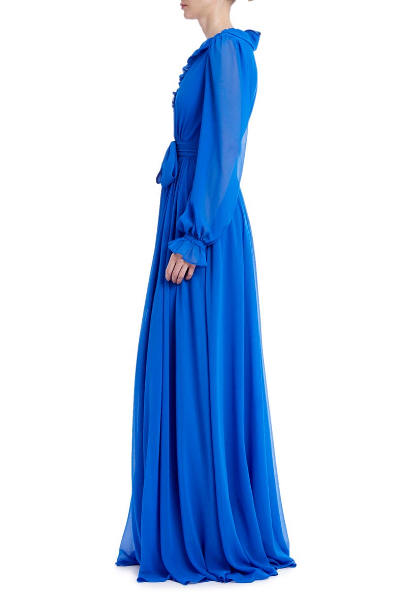 Ruffle Neck Long Sleeve Georgette Gown, Alternate, color, BLUE