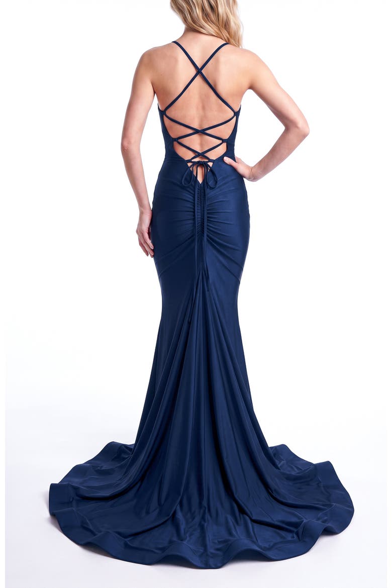 Cutout Lace-Up Back Mermaid Evening Gown, Alternate, color, Navy
