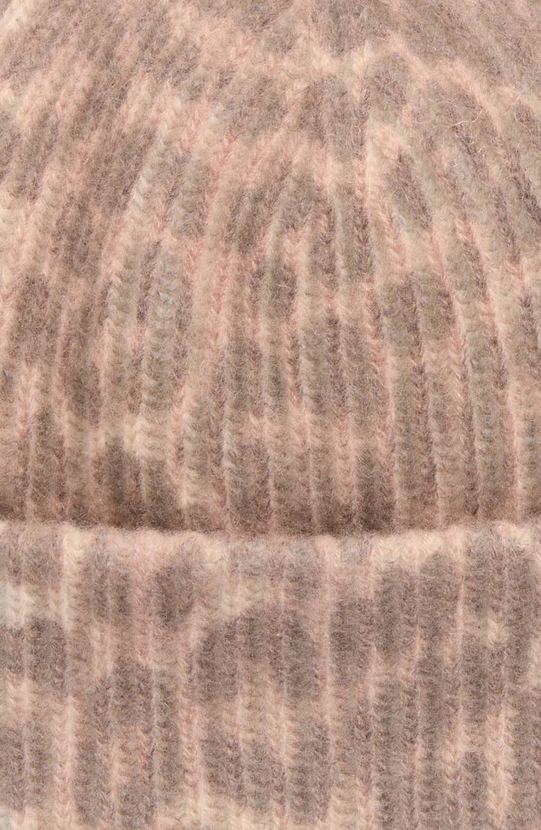 Ganni Leopard Wool & Recycled Wool Blend Beanie, Alternate, color, Leopard