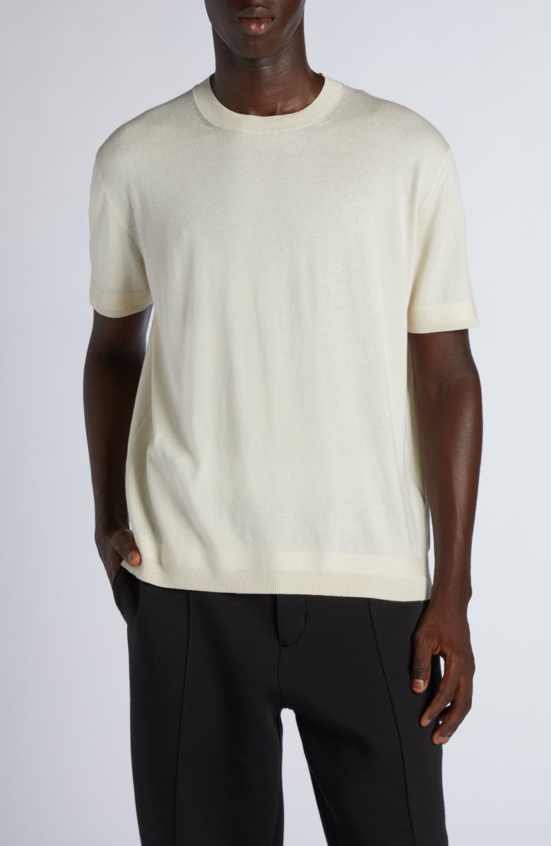 Moncler Logo Patch Silk & Cotton Crewneck Sweater, Main, color, Silk White