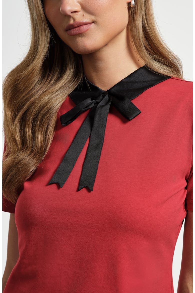 Satin Trim Peter Pan Collar Stretch Cotton T-Shirt, Alternate, color, RED/ BLACK