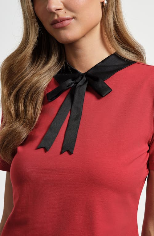 Isaac Mizrahi New York Satin Trim Peter Pan Collar Stretch Cotton T-shirt In Red