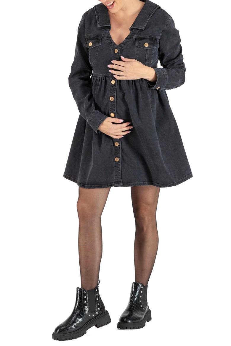 Nina Long Sleeve Denim Maternity/Nursing Dress, Main, color, GREY