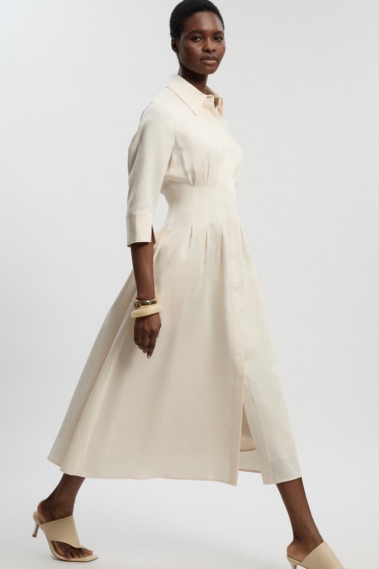 Tailored Linen Darted Waist Midi Dress, Main, color, Ivory
