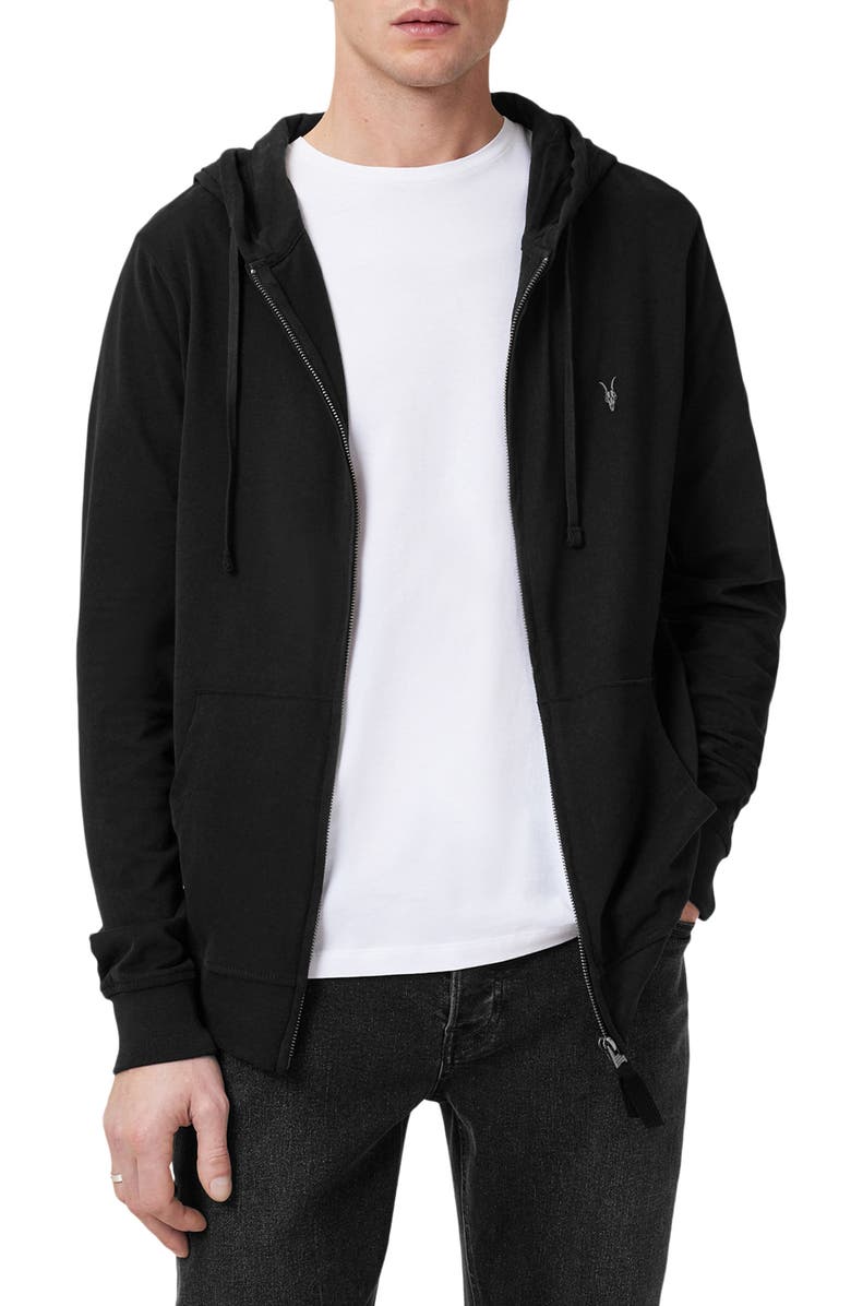AllSaints Brace Cotton Zip-Up Hoodie, Main, color, Jet Black