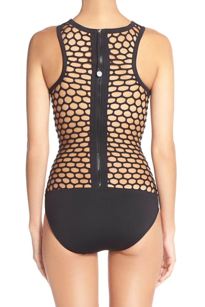 'Mesh About' High Neck One-Piece Swimsuit, Alternate, color, BLACK