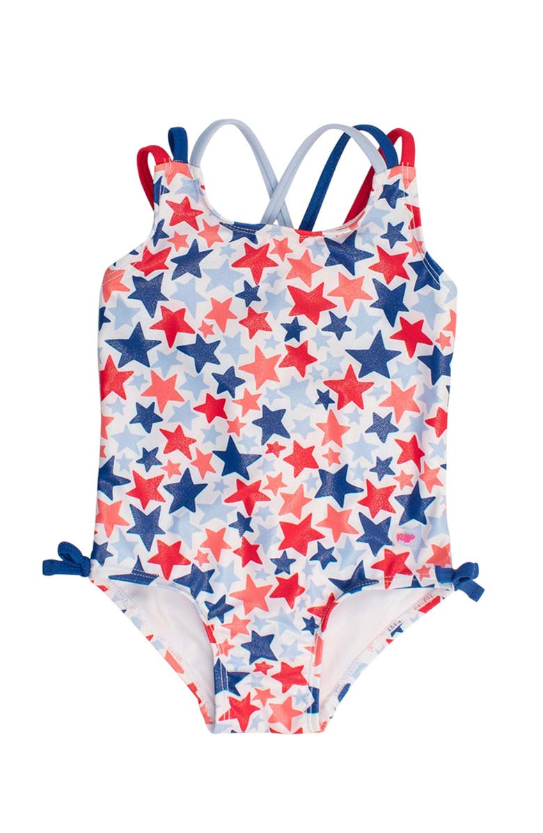 RuffleButts UPF50 Sun Protected Cross-Back One Piece, Main, color, Shimmer Star-Spangled