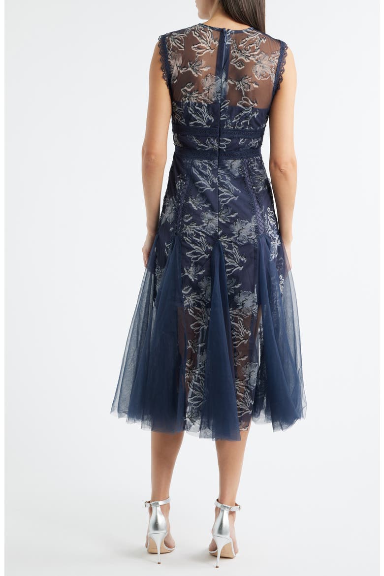 Serenity Floral Jacquard Godet Pleat Cocktail Midi Dress, Alternate, color, NAVY