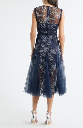 Serenity Floral Jacquard Godet Pleat Cocktail Midi Dress