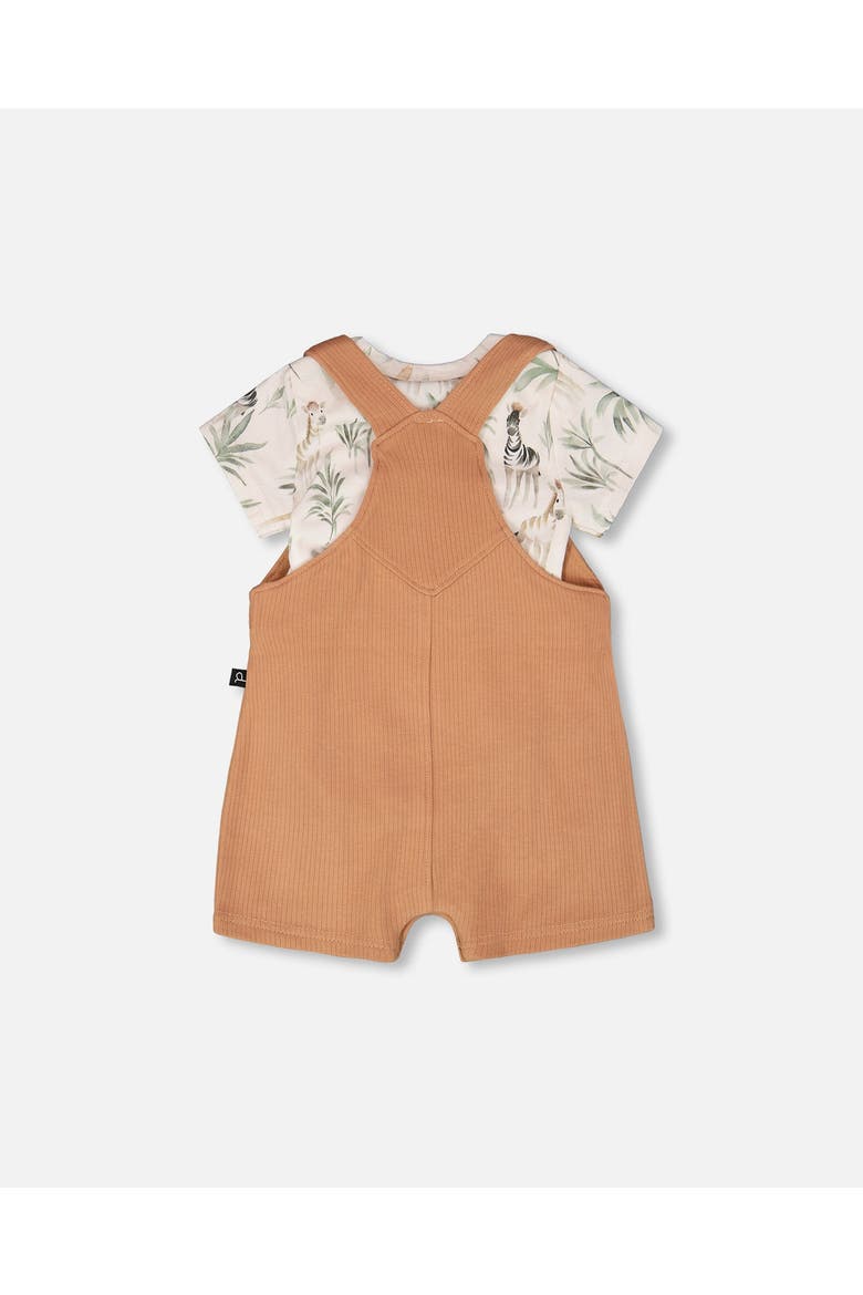 Organic Cotton Jersey Bodysuit and Cotton Rib Shortall Set, Alternate, color, Beige Zebra Print & Caramel