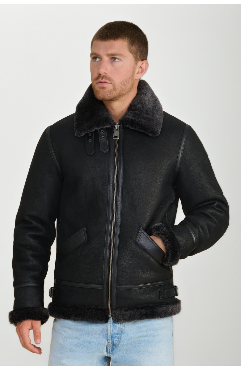 FURNIQ UK Frederick Shearling Aviator Jacket, Main, color, Black / Brissa Wool