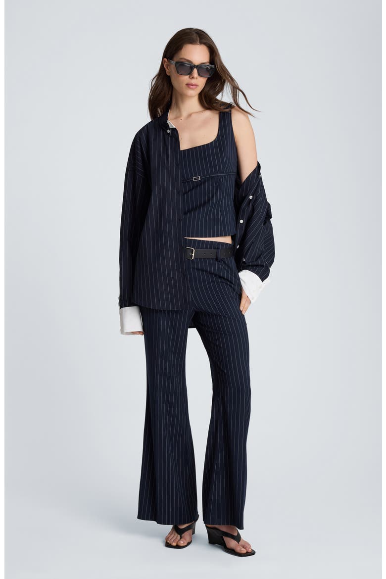 Belted Pinstripe Flare Leg Pants, Alternate, color, DK NAVY/ OYSTER