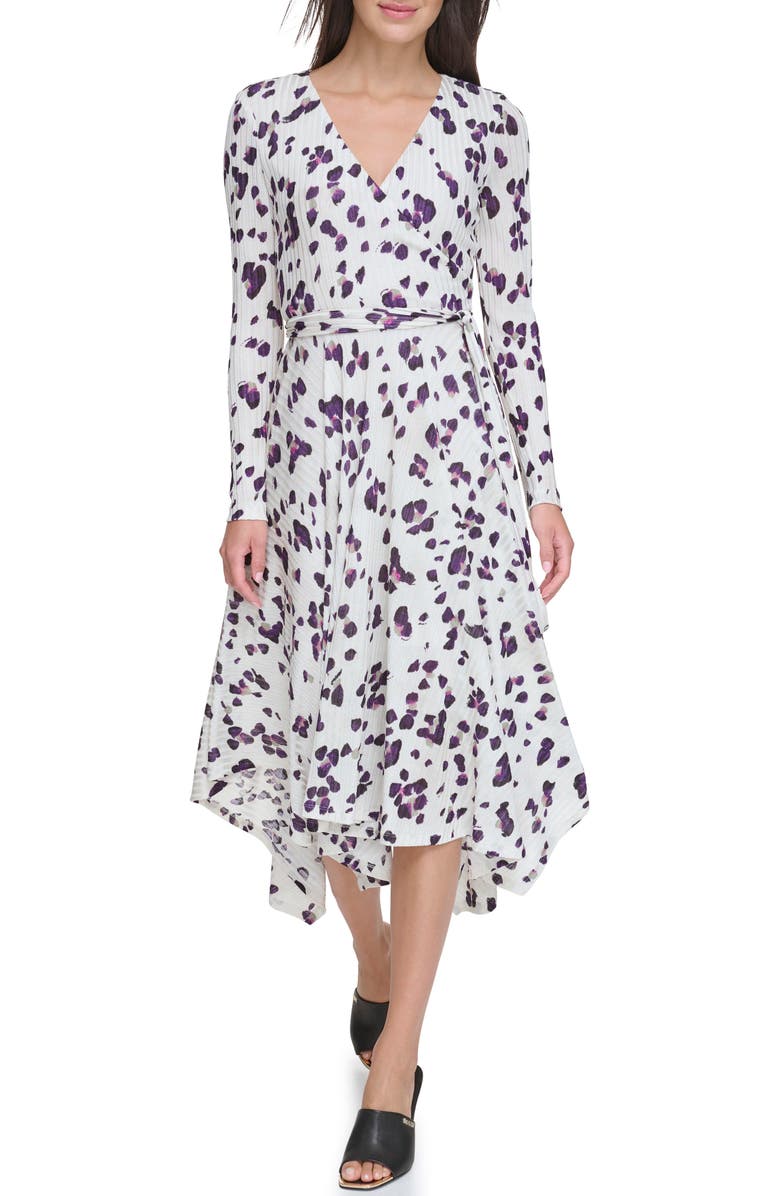 DKNY Print Long Sleeve Faux Wrap Midi Dress, Main, color, 