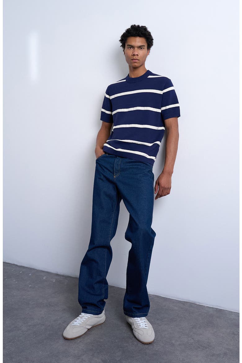 Textured Stripe Short Sleeve Crewneck Sweater, Alternate, color, NAVY