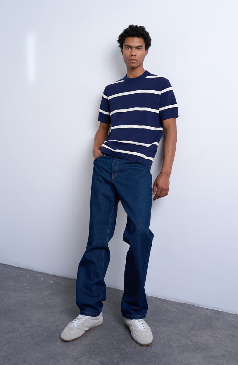 Topman Textured Stripe Short Sleeve Crewneck Sweater, Alternate, color, Navy