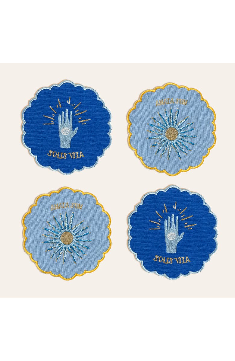 Zsa Zsa Zsu Nilufer 4 Pcs Digital Printed Overlocked Embroidered 100% Cotton Coaster Set, Main, color, Blue