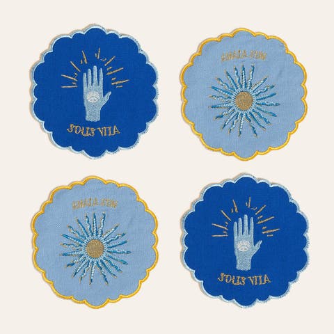 Nilufer 4 Pcs Digital Printed Overlocked Embroidered 100% Cotton Coaster Set