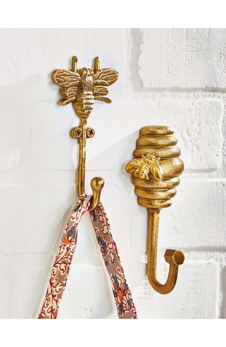 tag Bee Wall Hook - Antique Brass Gold Decorative Iron Hook, Alternate, color, Gold