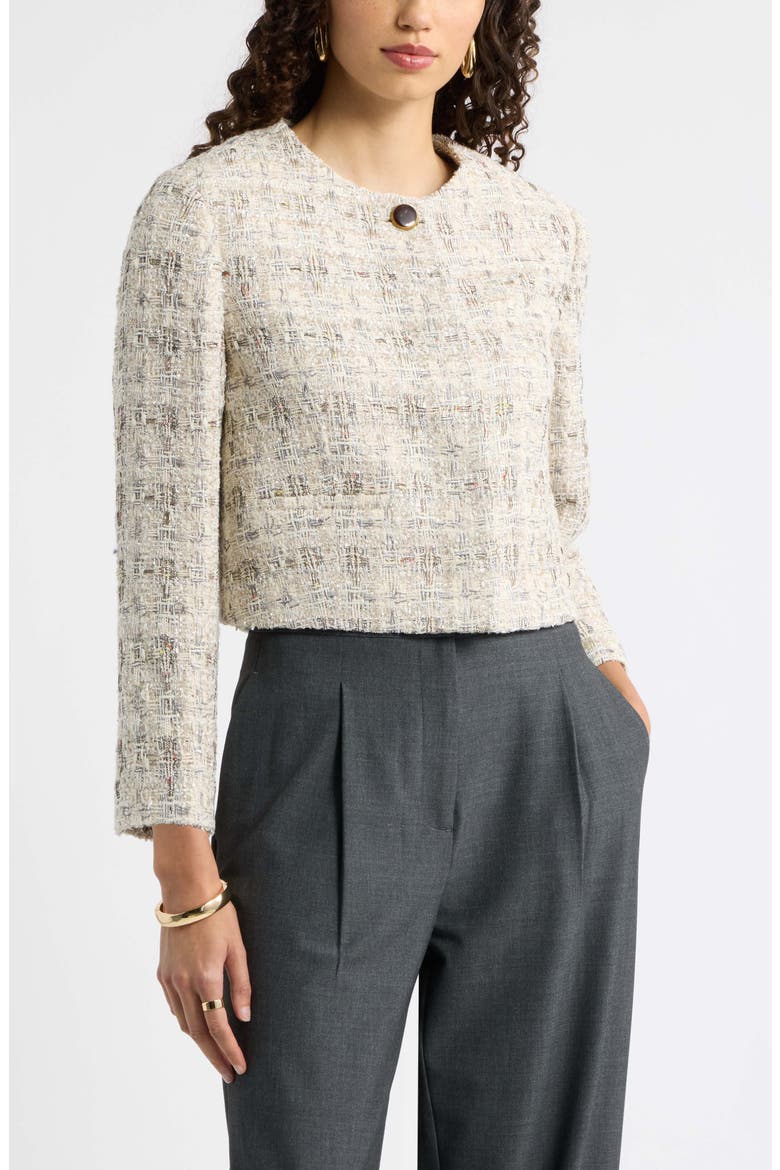 Collarless Cropped Tweed Jacket, Main, color, IVORY PLAID