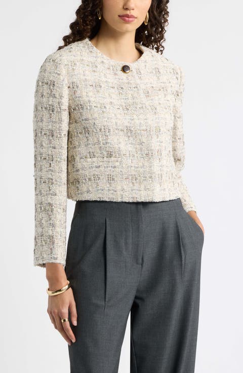 Collarless Cropped Tweed Jacket