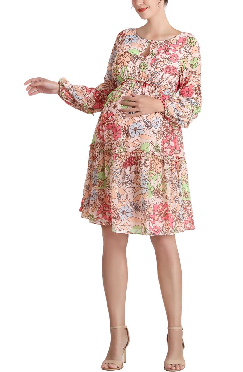 Kimi & Kai Aiko Long Sleeve Maternity Babydoll Dress, Alternate, color, Multicolored