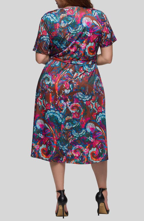 24seven Comfort Apparel Plus Size Print Short Sleeve Tie Waist Midi Dress In Pink Multi