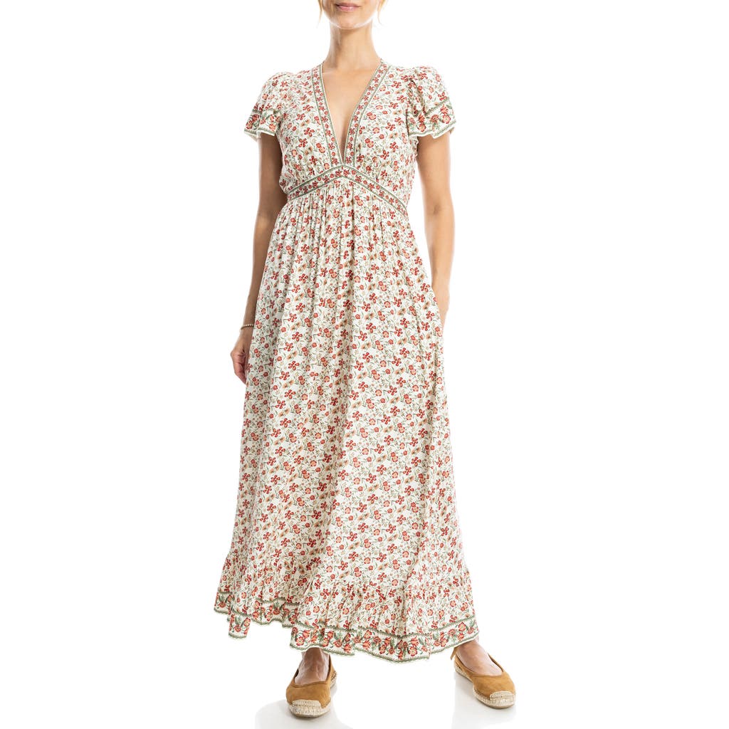 Max Studio Empire Waist Flutter Sleeve Maxi Dress In Cream Brown Red Floral