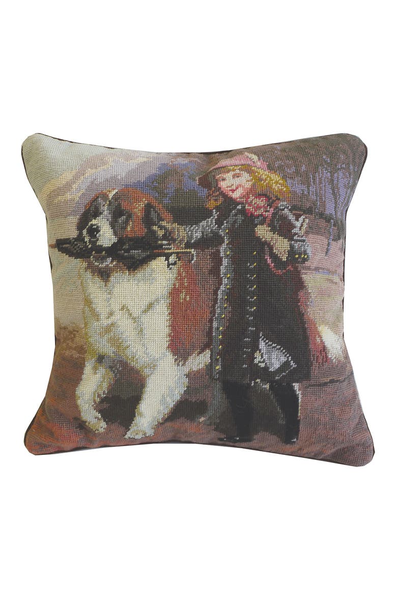 Off To School Needlepoint Accent Throw Pillow, Main, color, Brown