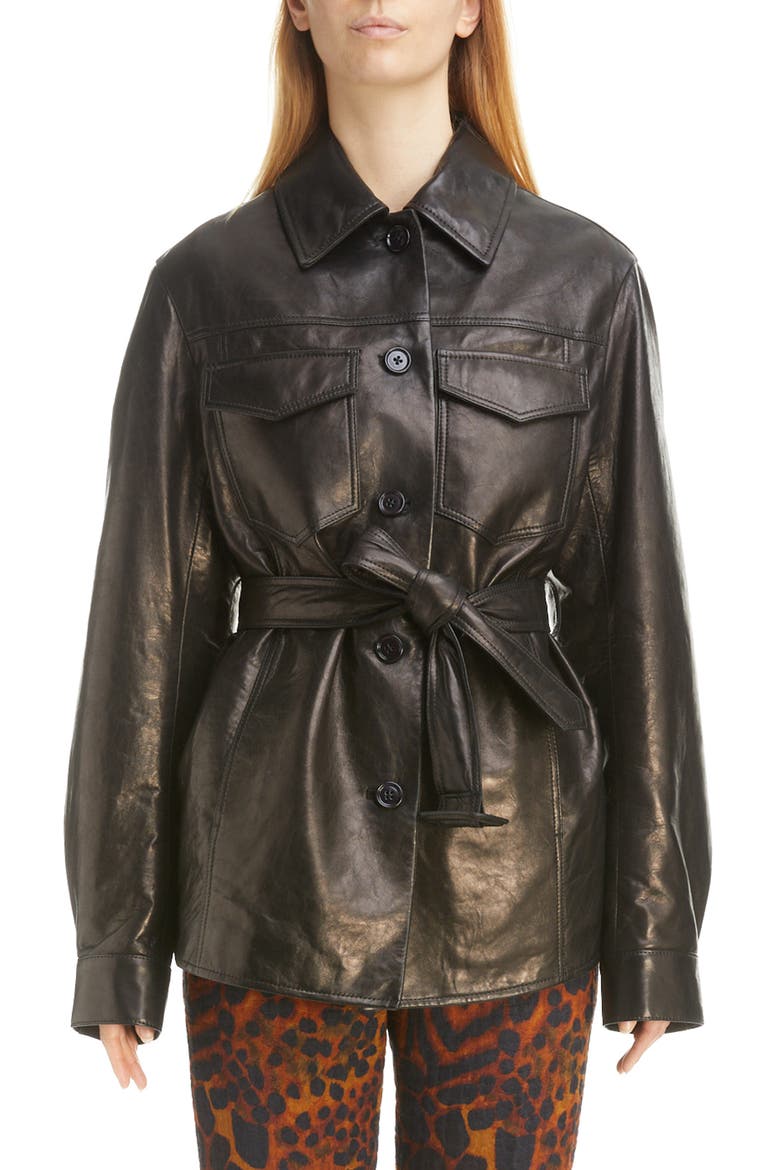 Lazan Belted Leather Shirt Jacket, Main, color, BLACK 900