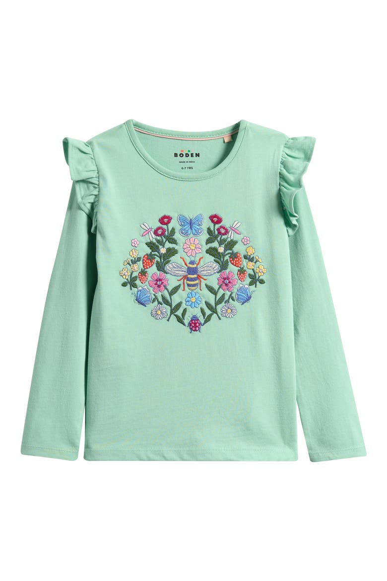 Kids' Ruffle Embroidered Long Sleeve T-Shirt, Main, color, PISTACHIO GREEN BEE