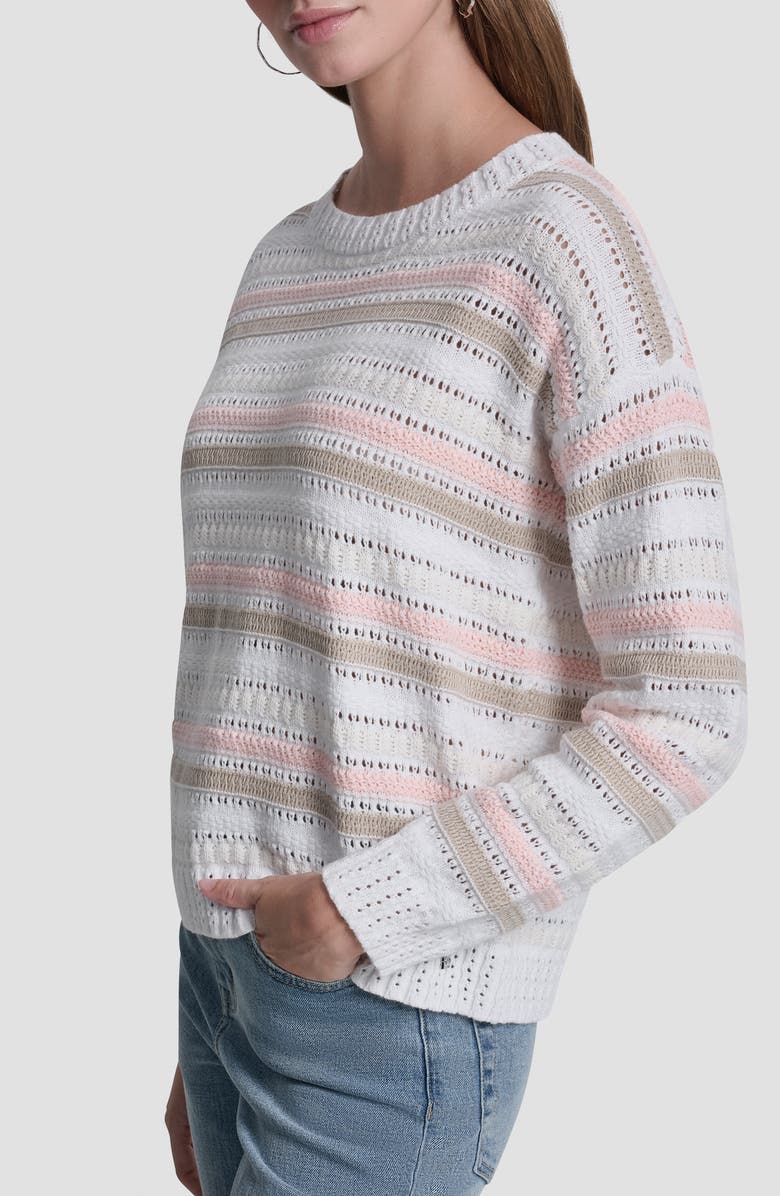 DKNY Jeans Stripe Cotton Pointelle Sweater, Alternate, color, Peach Spritz Combo