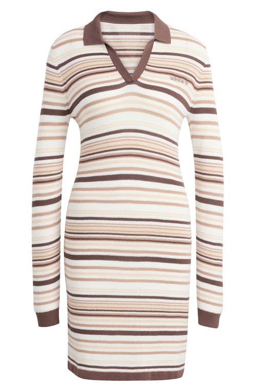 Shop Adidas Originals Stripe Long Sleeve Knit Polo Dress In Earth Strata/warm Sandstone