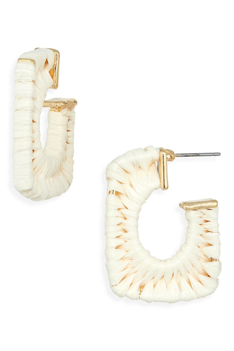 Woven Raffia Hoop Earrings, Main, color, WHITE