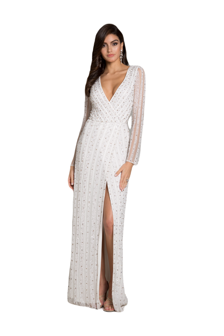 Blair Long-Sleeve Beaded Surplice Sheath Gown, Main, color, White