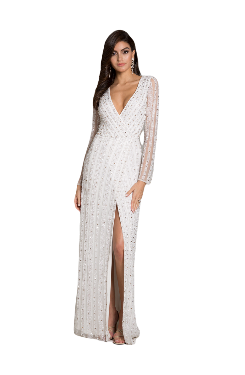 LARA New York Blair Long-Sleeve Beaded Surplice Sheath Gown, Main, color, White