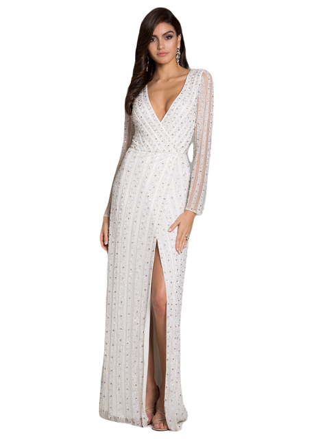 Blair Long-Sleeve Beaded Surplice Sheath Gown
