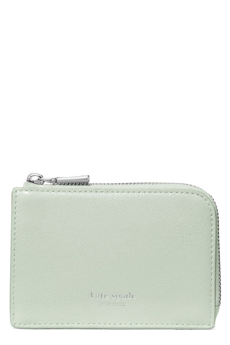 mini glazed leather zip card case, Main, color, MINT FROSTING