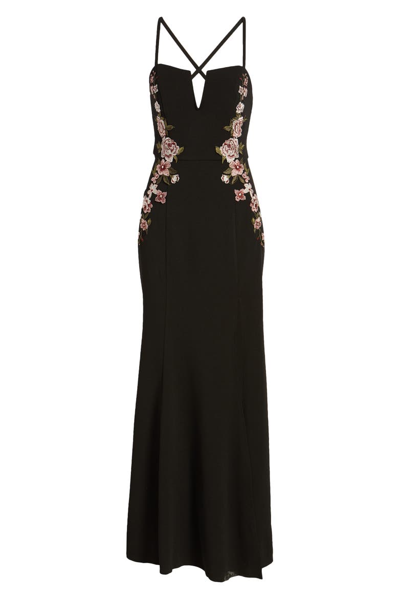 Rose Appliqué Crepe Gown, Alternate, color, BLACK